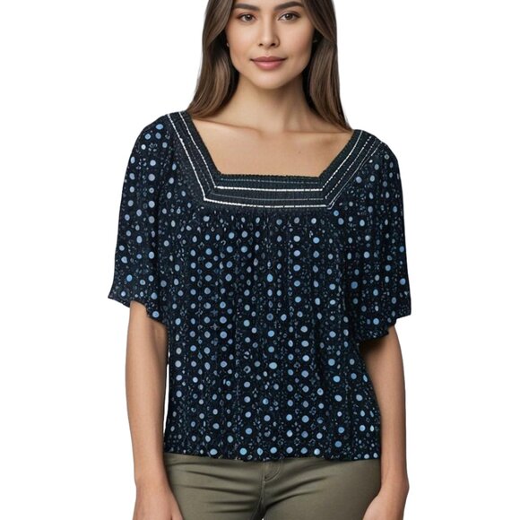 Style & Co Women's Blue Crochet-Square-Neck Short-Sleeve Top, size M, NWT - Picture 1 of 12